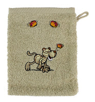 NICI Waschhandschuh kuschlig Baumwolle, Variante: Tiger beige,gestreifter Tiger, Waschhandschuh beige, mit 3 Schmetterlingen in gelb-rot