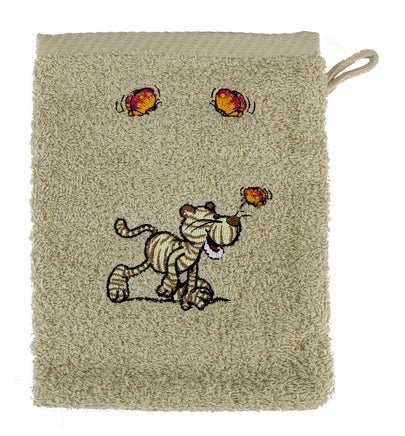 NICI Waschhandschuh kuschlig Baumwolle, Variante: Tiger beige,gestreifter Tiger, Waschhandschuh beige, mit 3 Schmetterlingen in gelb-rot