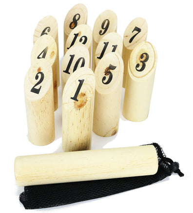 Nummern Kubb Wurfspiel, helles Holz, mit Netztragetasche, Stäbe mit schwarzen Zahlen nummeriert
