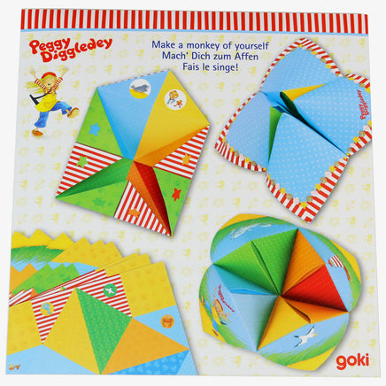 Origami Faltspiel "Himmel und Hölle" von Peggy Diggledey, farbenfroh gestaltet in: hellblau, gelb, grün, rot, orange