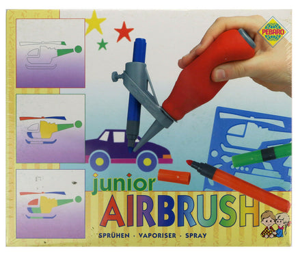 Pebaro Airbrush Set Junior in Verpackung, mit Abbildung der Benutzung