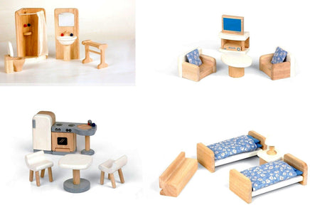 Pintoy Öko-Haus Puppenhausmöbel komplett, bestehend aus: Badezimmer, Wohnzimmer, Küche und Schlafzimmer