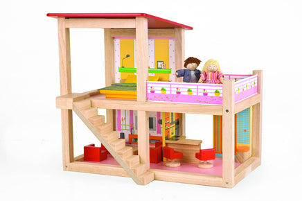 Pintoy Puppenhaus "Sommerhaus" komplett eingerichtet, mit Küche, Wohnzimmer, Schlafzimmer sowie Balkon, farbenfroh gestaltet