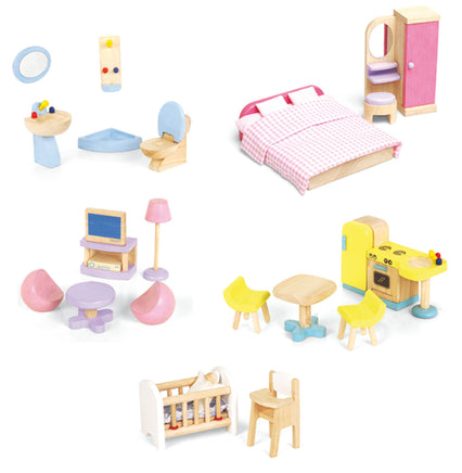 Pintoy Puppenhausmöbel komplette Einrichtung, bestehend aus: Badezimmer, Schlafzimmer, Wohnzimmer, Küche, Babybett und Babystuhl