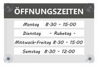 Schild für flexible Öffnungszeiten Acrylglas beschreibbar A4 Beispiel mit Beschriftung