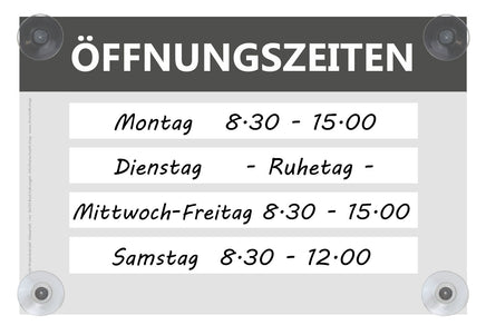 Schild für flexible Öffnungszeiten Acrylglas beschreibbar A4 Beispiel mit Beschriftung