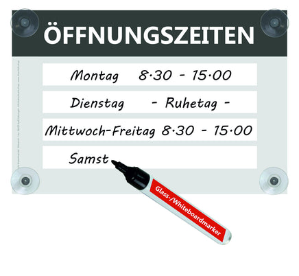 Schild für flexible Öffnungszeiten Acrylglas beschreibbar
