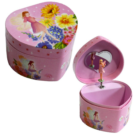 Schmuckkästchen Spieluhr rosa in Herzform, Variante: Herz 2, mit Fee und großen Blumen, innen tanzt Fee, rosa