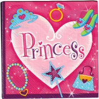 Servietten mit Motiv 33x33cm 16-20 Stück, Variante: rosa Prinzessin Princess, mit rosa Herz, pinker Hintergrund sowie Accesoires aufgedruckt: Ring, Schuhe, Krone, Kette, Zauberstab, Tasche