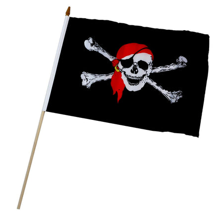 Spielturm Zubehör Piratenflagge mit Stab, Totenkopf weiß mit schwarzer Augenklappe und rotem Kopftuch