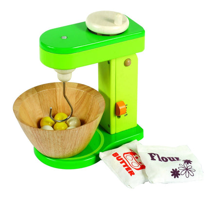 Standmixer aus Holz für Kinderküche in hellgrün, mit brauner Schüssel, Rührstab mit Kurbel