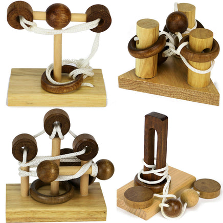 String Puzzle mit Ringen & Seil aus Holz, in verschiedenen Holztönen
