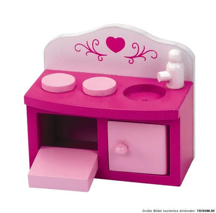 Wanju Puppenhausmöbel Küchenzeile mit Herd, Spüle, Wasserhahn und 2 Schrankfächern, in weiß-pink