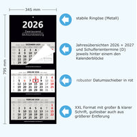 XXL 3- Monatskalender 2026 mit Detailansicht der Funktionen
