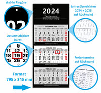XXL 3-Monatskalender 2024 schwarz großer Wandkalender Bürokalender Monate black