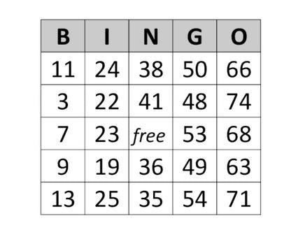 100 Stück Bingokarten für 75er System, für Bingo mit 75 Kugeln, weiß, Beispielbild