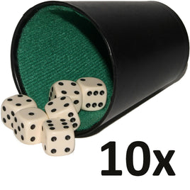 10 Würfelbecher & 60 Stück Würfel Knobelbecher im 10er Sparset Spielewürfel, Becher außen schwarz, innen grüner Stoff, Würfel beige