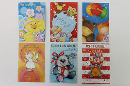 10er Set Einladungskarten Kindergeburtstag bunt gemischt, z.B. mit Clown, Engel, Bären, Kücken, farbenfroh