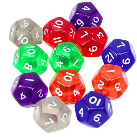 12er Set 12-seitige Acryl-Würfel (D12) in 6 verschiedenen Farben, 17mm