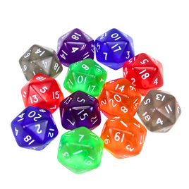 12er Set 20-seitige Acryl Würfel (D20) in 6 Farben, 19mm