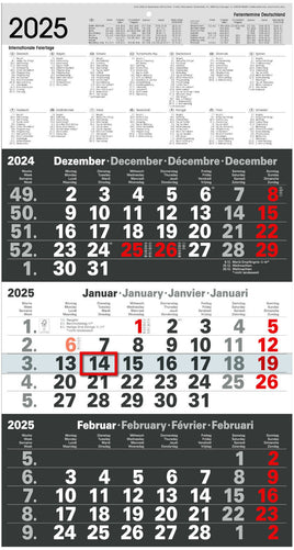 Wandkalender 2025 Kontrast 3 Monatskalender grau