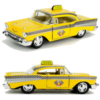 1957ChevroletBelAirTaxiModellautoOldtimer57erChevyNewYorkYellowCab, 2 Seitenansichten, Taxischild,Karomusterstreifen