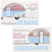 2 Holzschilder mit Sprüchen über das Campen