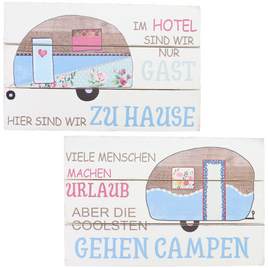 2 Holzschilder mit Sprüchen über das Campen