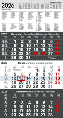 3-Monatskalender 2026 als grauer Kontrast- Wandkalender