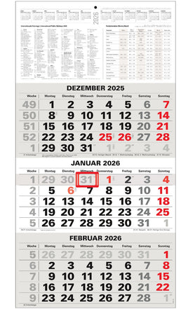3-Monatskalender 2026 klein 450x235mm