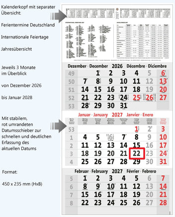 3-Monatskalender 2027 klein mit Detailbeschreibung