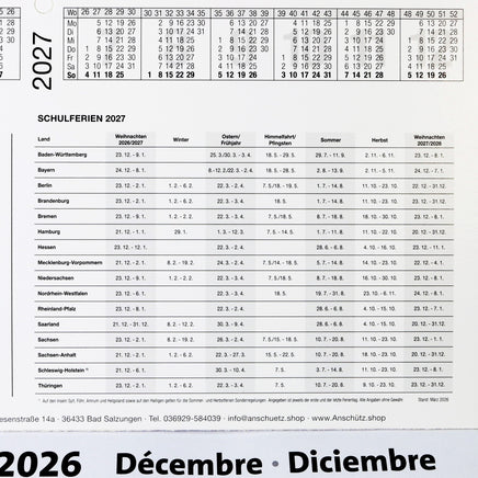 3-Monatskalender 2027 klein mit Ferienterminen in der Kopfklappe