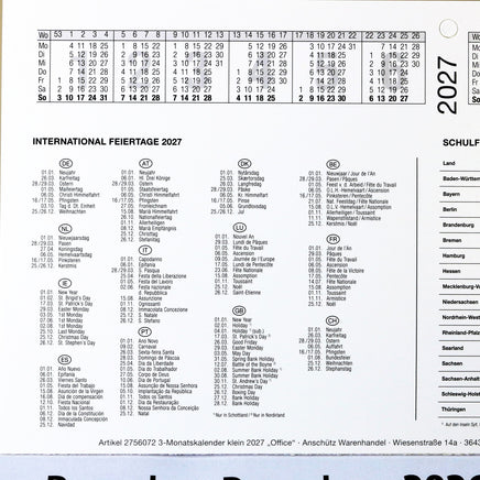 3-Monatskalender 2027 klein mit internationalen Feiertage in der Kopfklappe
