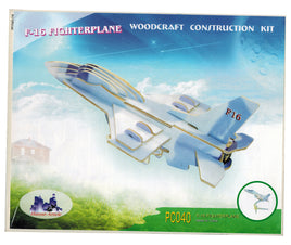 3D Holzbausatz F-16 Kampfflugzeug, helles Holz, Flugzeug hellblau
