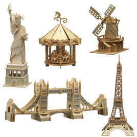 3D Holzbausatz Bild mit verschiedenen Modellen, wie Karussell, Freiheitsstatue, Windmühle, Eifelturm, London Tower Bridge