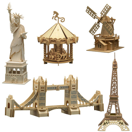 3D Holzbausatz Bild mit verschiedenen Modellen, wie Karussell, Freiheitsstatue, Windmühle, Eifelturm, London Tower Bridge