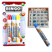 3er Set Bingo/ Lotto Marker 10mm breit, in den Farben: Rot, Blau, Gelb, Beispielbild mit Bingoblock (nicht im Lieferumfang enthalten)