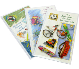 3er Set Glückwunschkarte zur Jugendweihe, zufällige Varianten, farbenfrohe Gestaltung, z.B. Sport/Abenteuer 
Aufschrift z.B. "Zur Jugendweihe herzliche Glückwünsche"