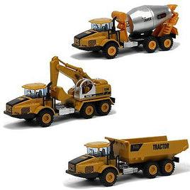 3er Set Modellauto Baustellenfahrzeuge bestehend aus: Schaufelbagger, Zementmischer, Kipper in der Farbe Gelb-Orange