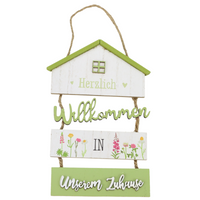 4-teilige Willkomenschild in Hausform mit Spruch: Herzlich Willkommen in unserem Zuhause