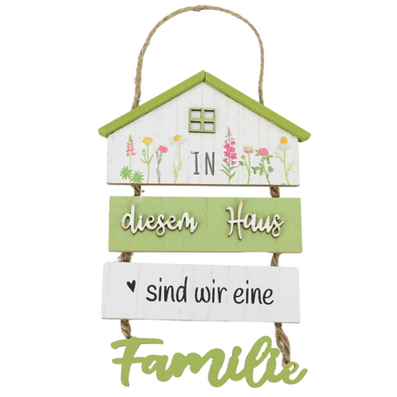 4-teilige Willkomenschild in Hausform mit Spruch: In diesem Haus sind wir eine Familie
