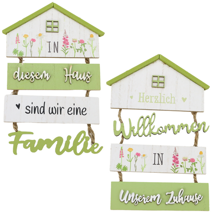 4-teilige Willkomenschilder in Hausform mit verschiedenen Sprüchen