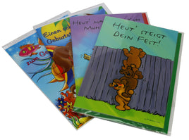 4er Set Geburtstagskarten für Kinder, mit lustigen/bunten Motiven, z.B. mit Teddybären/Tieren