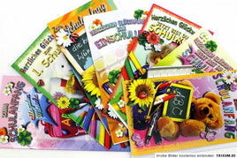 4er Set Glückwunschkarte zum Schulanfang, bunt gestaltet, Gestaltungsvarianten: mit Tafel, Stiften, Blumen, Ranzen