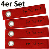 4er Set Schlüsselanhänger NICI mit der Aufschrift"devilish good", roter Anhänger, schwarze Schrift