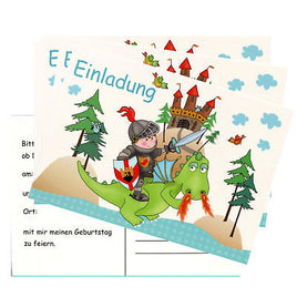 5er Set Einladungskarten Kindergeburtstag "Ritter & Drache", farbenfroh gestaltet