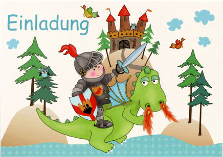 
5er Set Einladungskarten Kindergeburtstag "Ritter+Drache" Vorderseite, mit Schriftzug "Einladung", Motiv: Ritter mit feuerspuckenden Drachen, Schloss und Bäume