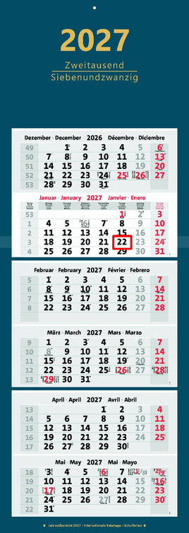 6-Monatskalender 2027 in dunkelblau mit honiggelber Jahreszahl