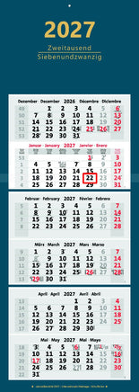 6-Monatskalender 2027 in dunkelblau mit honiggelber Jahreszahl