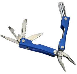 6-teiliges Taschenmesser für Schlüsselanhänger in Blau-Silber mit Zange, Messer, Schraubendreher, Taschenlampe, Säge, Flaschenöffner